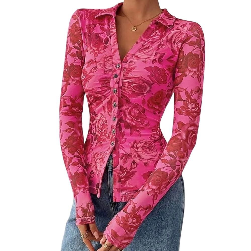 Pink Velvet Floral Button Down Shirt Long Sleeve Collared XL Y2k Coquette